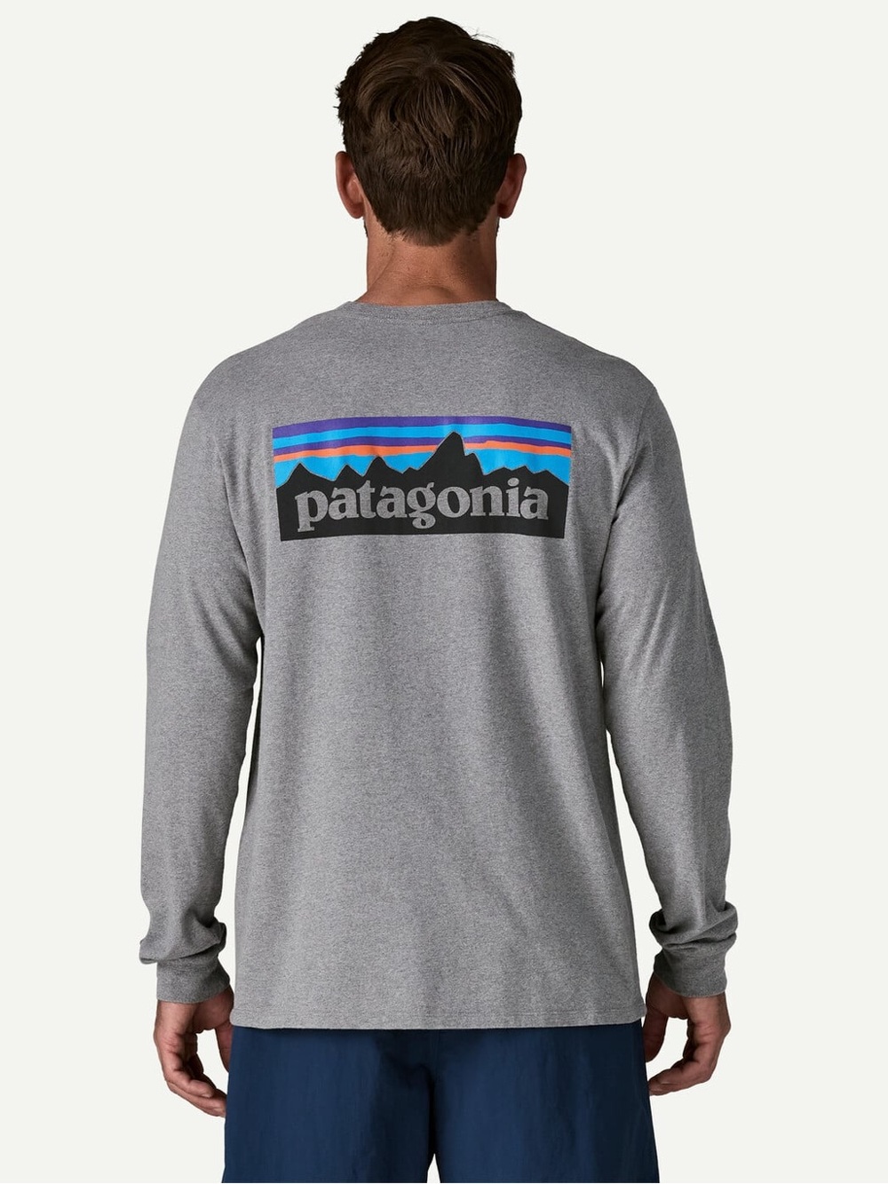 Patagonia Gray Long-Sleeve Logo Tee with Blue Accent